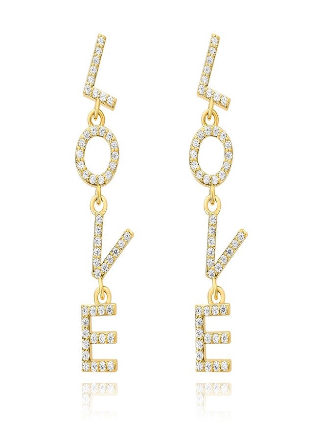 MOONWALTZ Gold LOVE Dangle Earrings for Women 14K Gold Plated Long Letter Charm Earrings Drop Cubic Zirconia Lightweight Dainty LOVE Alphabet Statement Earrings Trendy Valentine's Day Jewelry Gifts for Women - Image 1